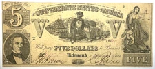1861 $5  CONFEDERATE STATES CURRENCY CIVIL WAR NOTE PAPER MONEY T-37  CUT