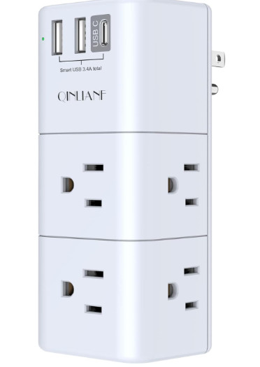 QINLIANF 3-Sided USB Outlet Extender, 6 AC Outlets & 3 USB Ports, Travel