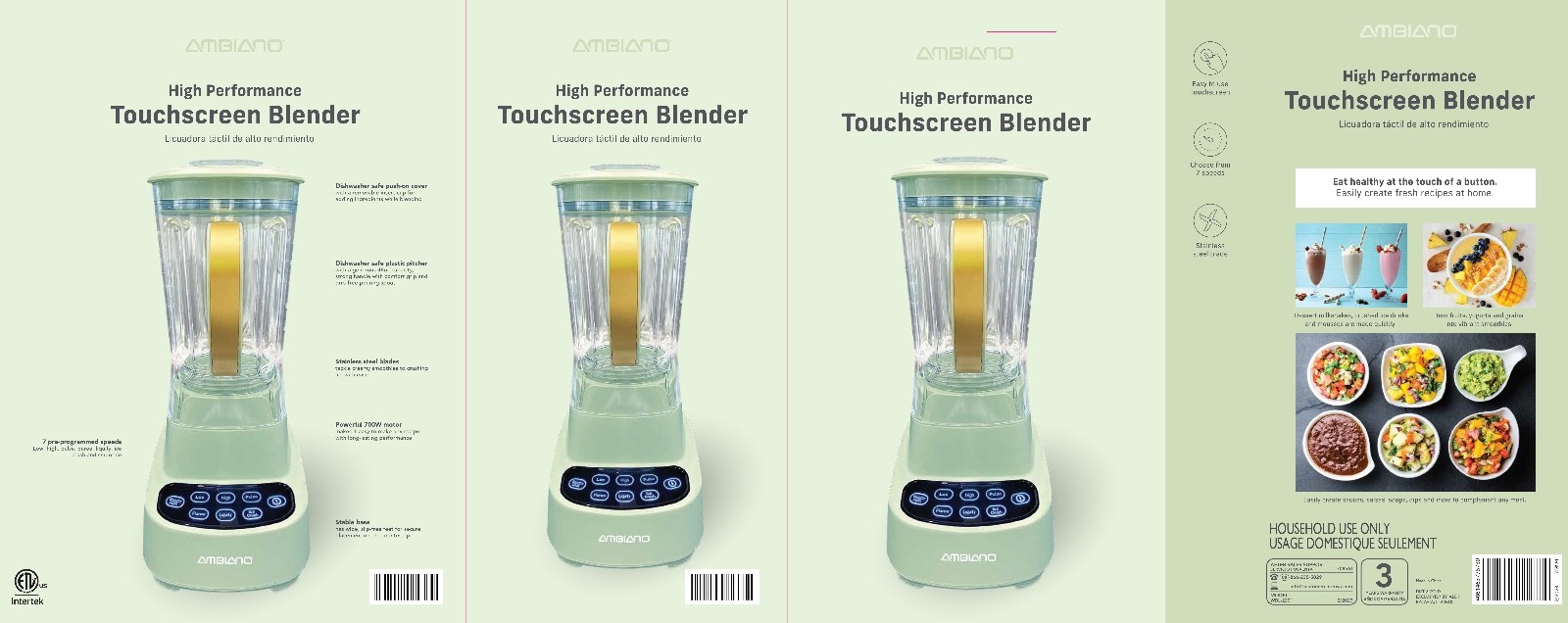 NEW! Ambiano High Performance Touchscreen Blender - 7 Speeds - Light Green Moss