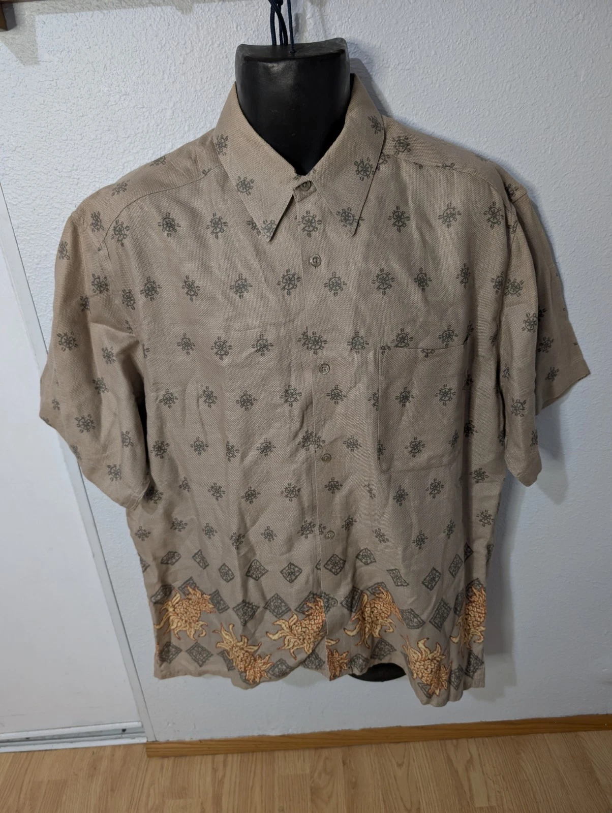 UN TIED Men’s Large Textured Cotton Button Up Shirt Pineapple Border Print 90s