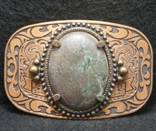 XC23144 VINTAGE 1970s  FLORAL  BROWN STONE  UNISEX FASHION BRASS BELT BUCKLE