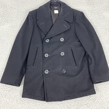 US Navy Pea Coat Mens 36 Black Wool Double Breasted Anchor Buttons Military