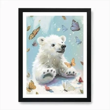 Polar Bear Cub Playing With Butterf Framed Wall Art Poster Canvas Print Picture