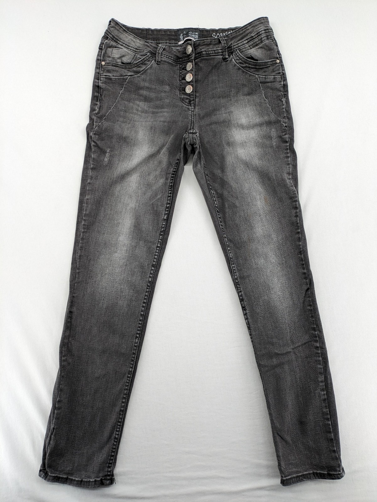 CECIL Damen Jeans Scarlett Button Fly W30 grau Used Look Stretch Slim Fit