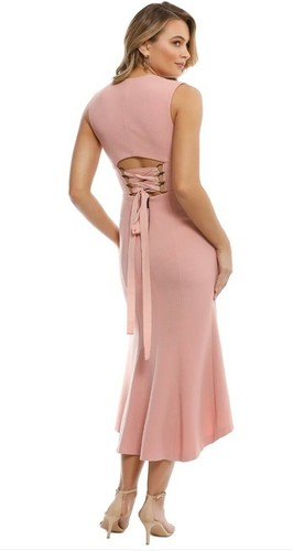 REBECCA VALLANCE *RAVENA* Lace-Up Crepe Midi Dress in Pastel Pink, Size 10 - Picture 4 of 12