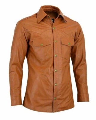Brown Leather Shirt Jacket for Men Casual Size S M L XL XXL 3XL Custom Made