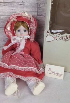 Vintage Heritage Musical Porcelain Doll 14'' Red Hair Coral Dress & Bonnet