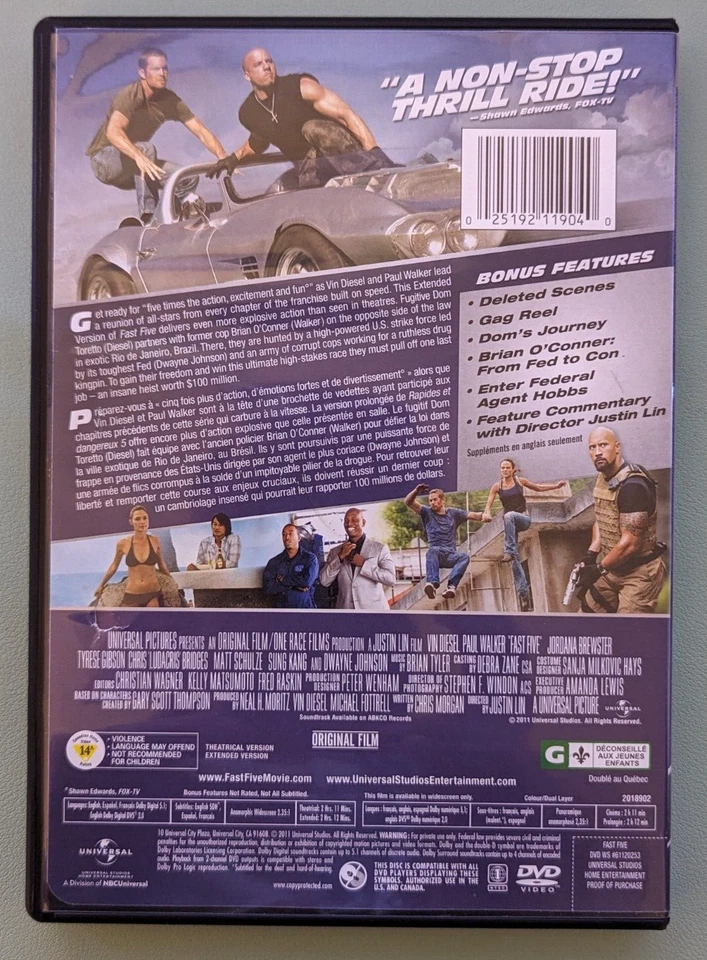 Fast Five (DVD, 2011, Extended Edition, Extended/Theatrical) Vin Diesel Paul W - Image 2 of 4