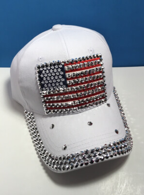 MADD HATTER WHITE Studded PATRIOTIC FLAG HAT CAP Womens Bling NWT