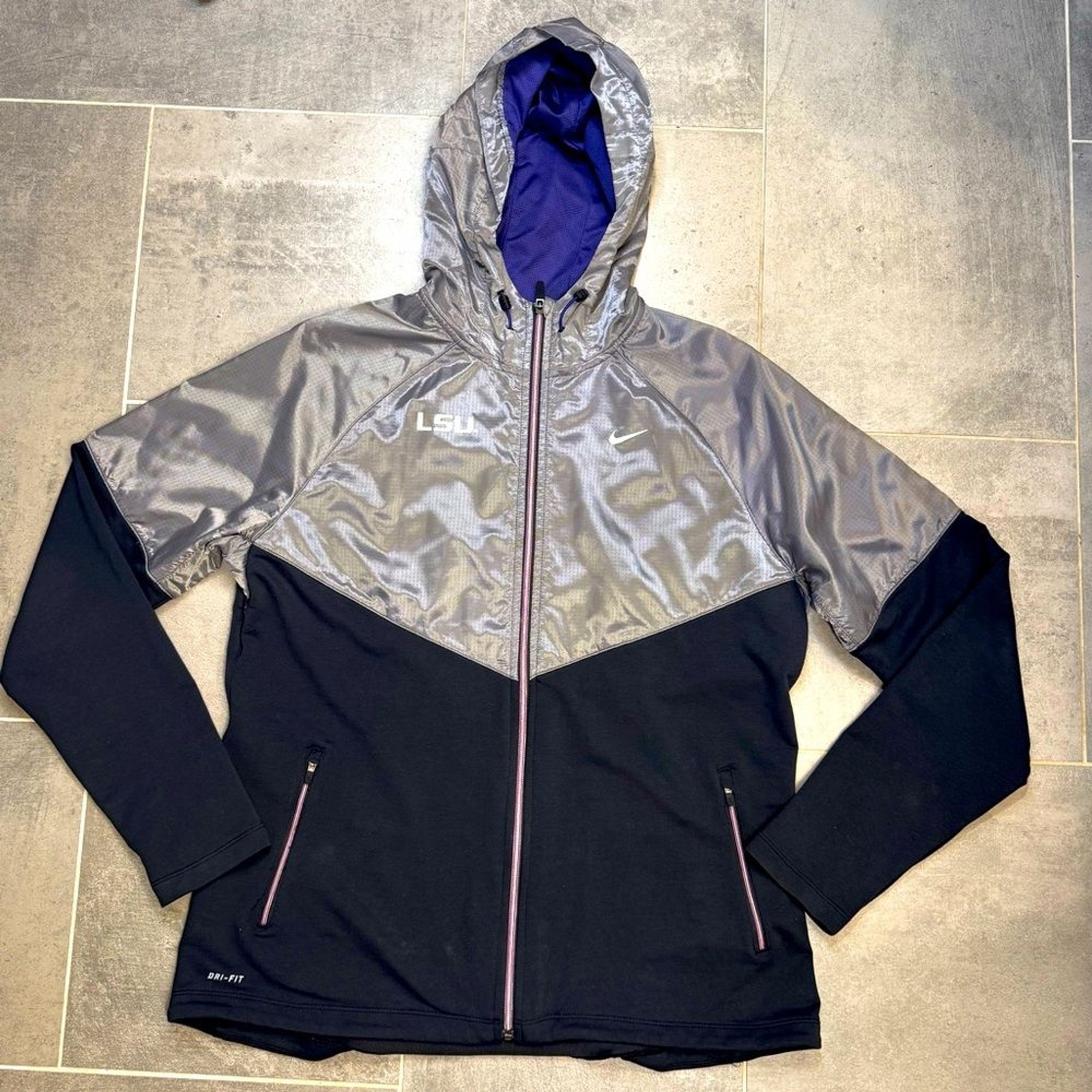 Nike Dri-Fit  LSU Women’s Black and Silver Hooded Jacket Size XL