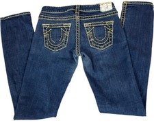 TRUE RELIGION WOMENS THICK STITCH DISTRESSED BLUE JEANS SIZE 28 MADE IN USA