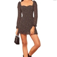 Reformation Elin Ruffle Trim Mini Dress Black Multicolor Confetti Size 8