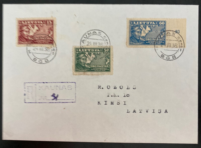 1936 Kaunas Lithuania Registered cover To Kimsi Latvia Sc#C85-C87