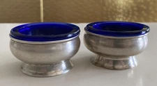 Pair Classic Vintage TIffany Co  Sterling Silver Open Salt Cellars Cobalt Glass