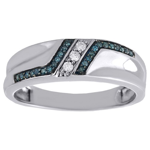 .925 Sterling Silver Blue Diamond Mens Wedding Band Engagement Ring 0.20 Ct. - Picture 2 of 5