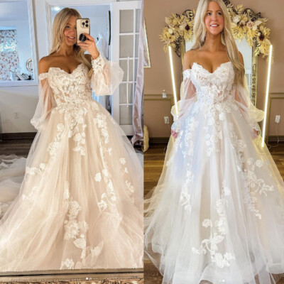 Princess Wedding Dress Off Shoulder Puffy Long Sleeve Lace Applique Bridal  Gown | eBay