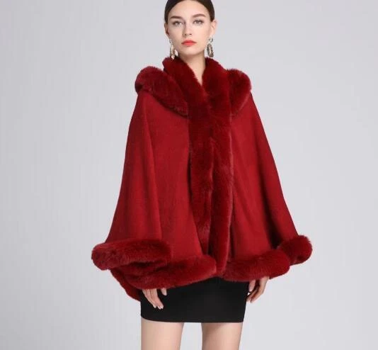 Wool Cashmere Ponchos Faux Fox Fur Trim Cape Cardigan Coat Hooded Loose Casual - Image 2 of 4