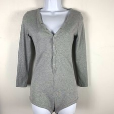 Womens Bodysuit sz S Gray Ribbed Long Sleeve Button Up Stretch NEW Minimalist