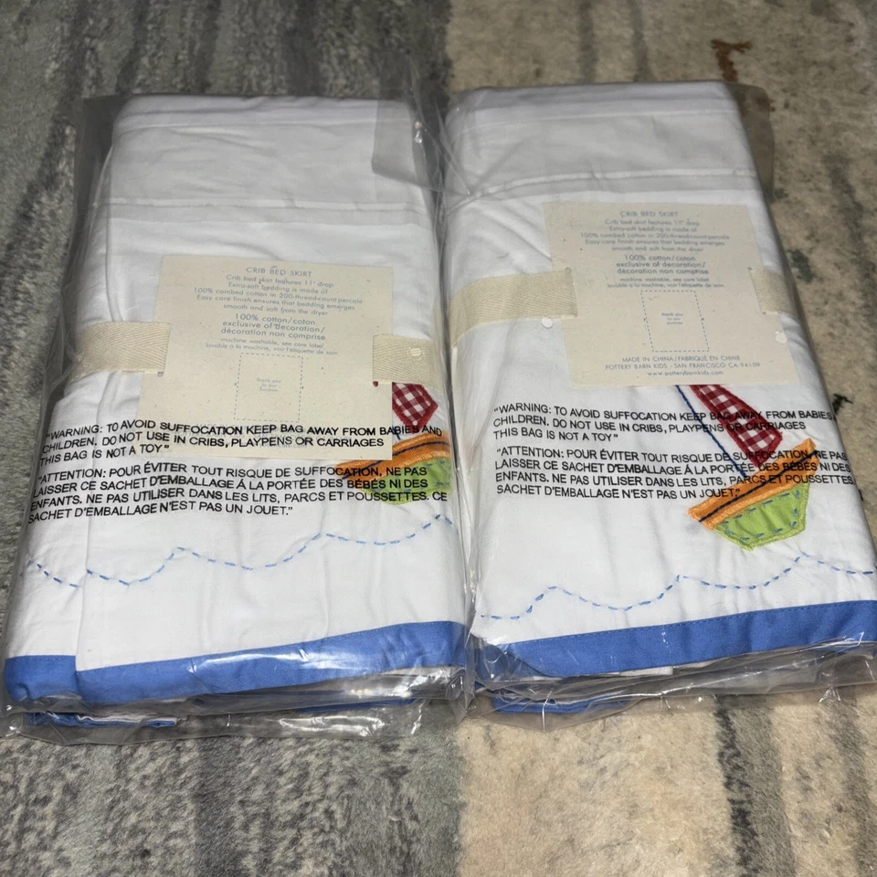 Pottery Barn Niños Cama Falda Bebé Barcos Cuna Peces RETIRADO Velero Algodón X2 Foto 3 de 3