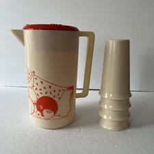Vtg. 60's 70's Plastic Orange Juice Pitcher Fruit & Rainbow design w/ 4 cups