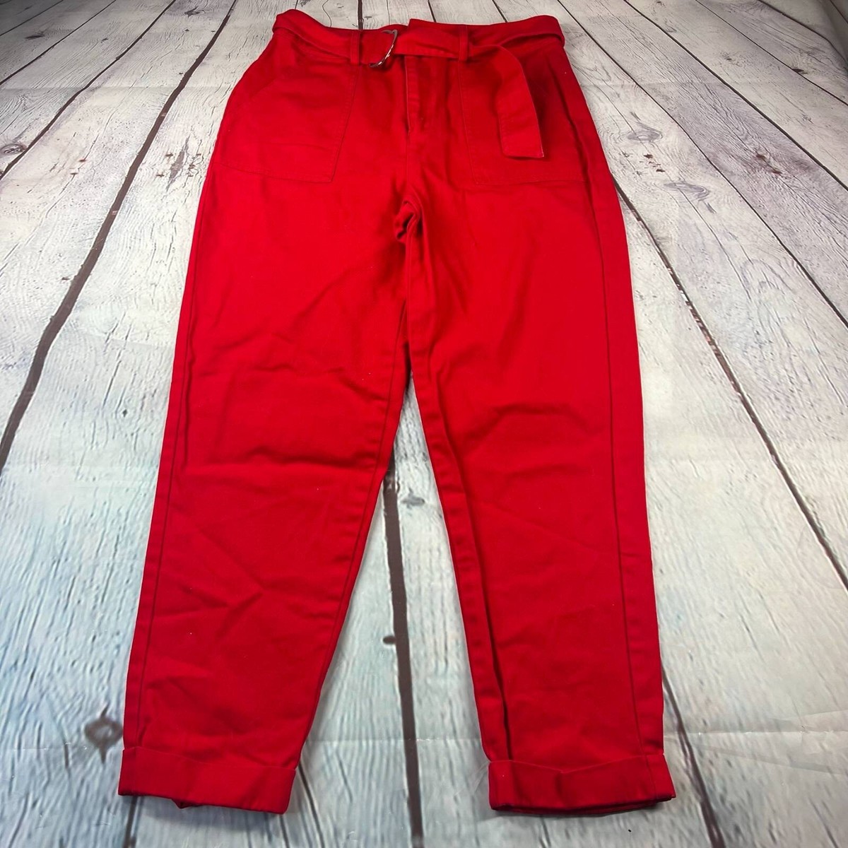 Forever 21 Womens Capri Pants Red High Rise Pockets Belted 100% Cotton  Zipper M | eBay