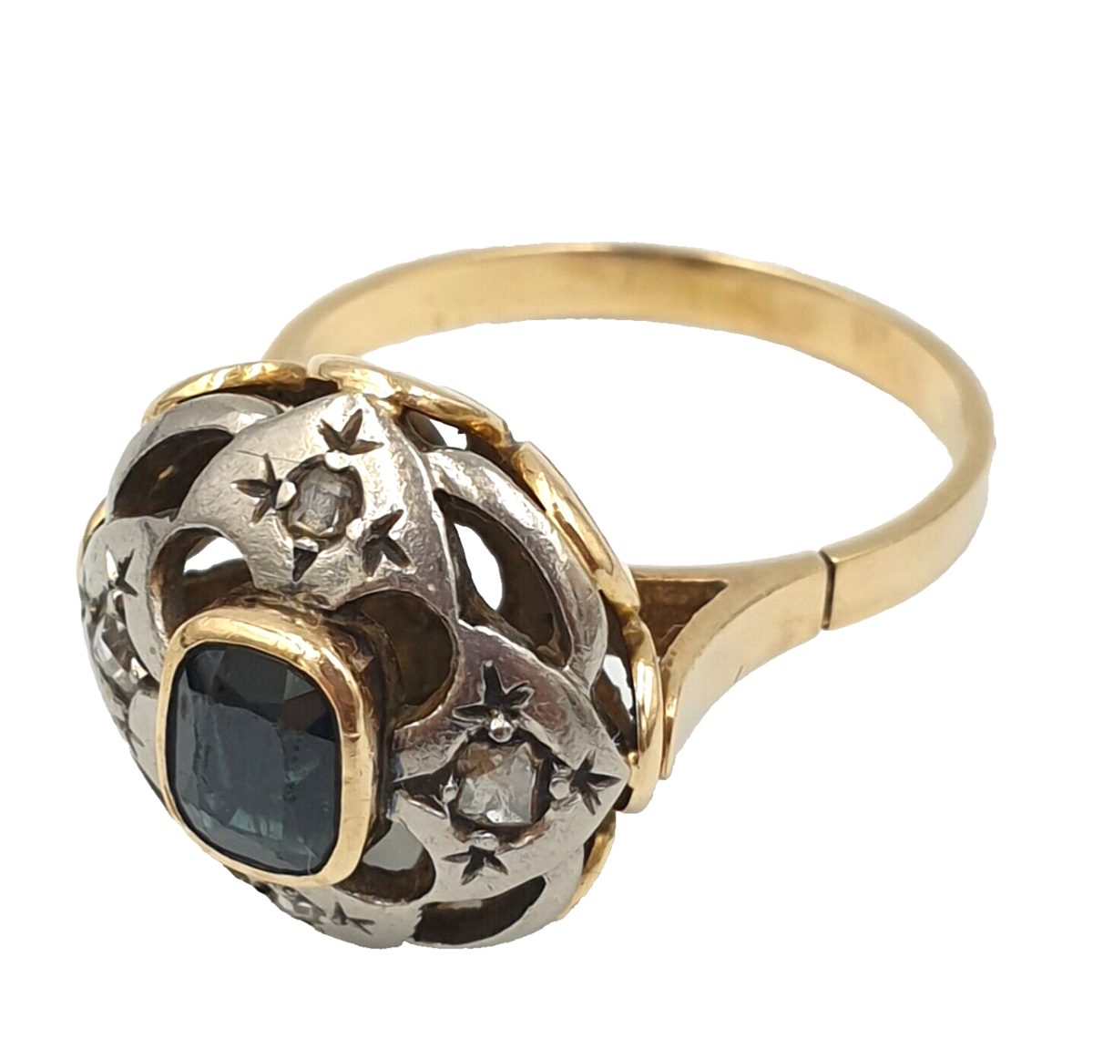 Bague Vintage Années 40 En Or 18K Et Argent Avec Saphir Naturel Et Diamants - Taille ITA 17