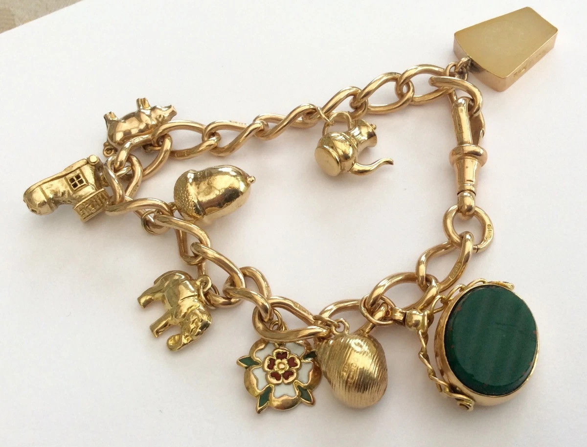 Fabulous Pristine Very Heavy Antique 9ct Rose Gold Charm Bracelet Charms 36g