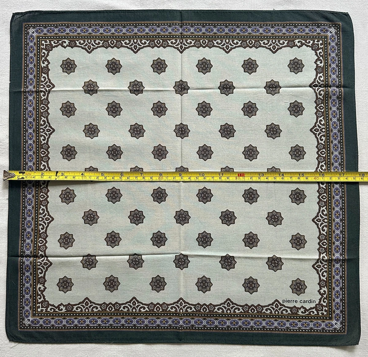 VTG Handkerchief Brown Medallion~Border Ornament Pocket Square Green Cotton 18"B