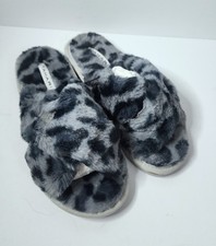 TAHARI Slippers Womens Gray Leopard Faux Fur Cross Band Slide Sz 6M
