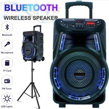 2700W 15" Rechargeable Bluetooth Speaker w/LED Party Lights,Wireless Mic  Stand