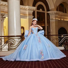 3D Flower Beading Quinceanera Dresses with Big Bow Puffy Off Shoulder Sweet 16