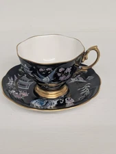 ROYAL ALBERT ORIENTAL TEA CUP SAUCER CHINOISERIE PAGODA HORSES BLACK GOLD *READ*
