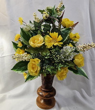 Artificial Flower Arrangement, Yellow Roses- Handcarved Vase