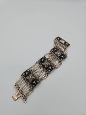 Pulsera de Plata 900 Vintage Pirámide Ruinas Mayas Repousse Panel Eslabones Repujado