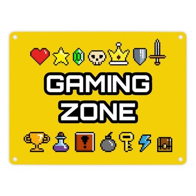 Gaming Zone Metallschild in 15x20 cm mit Pixel-Items für Zocker in gelb