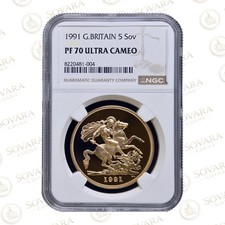 1991 Gold Proof Five Pound Sovereign PF70 Ultra Cameo