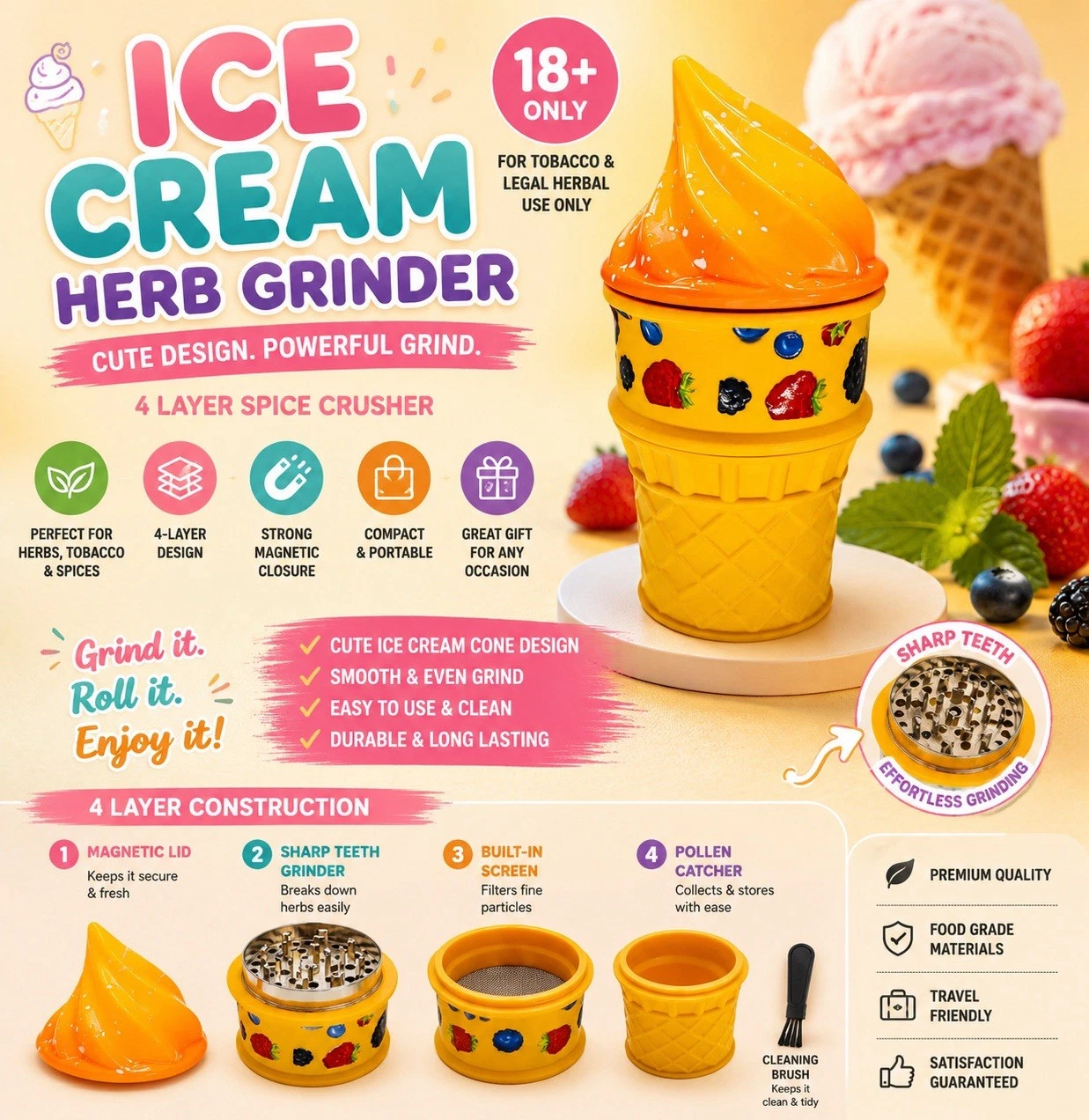 🍦Ice Cream Cone Herb Grinder🔥4 Layer Spice Crusher🔥Fruit Design🔥 Grinder🍦