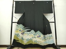Heiwaya Kimono Luxurious black tomesode artist's work distant mountain scenery