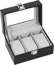 Uten 3-Slot Watch Box, PU Leather Watch Case with Glass Lid, Watch Holder