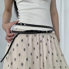 Faux Leather Thin Belt 0.9cm Rivet Metal Buckle Gothic Women Waistband