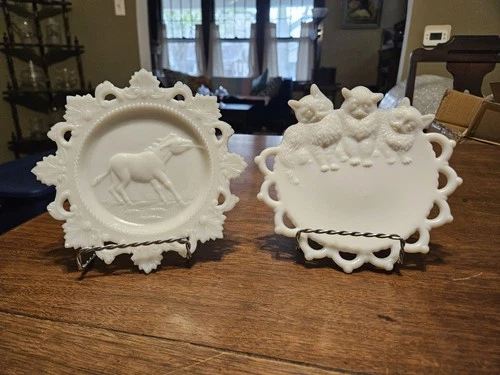 Contrary Mule & Three Kittens Plates  Both By Westmoreland EAPG Milk Glass
