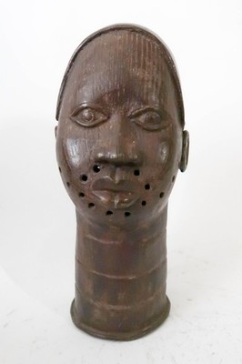 Vintage BENIN Bronze 14'' Head of King Oba  Sculpture African Art Nigeria