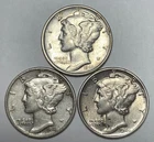 1941, 1943 and 1944 10C Mercury Dimes 90% Silver
