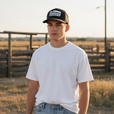 Allens Boots Snapback Trucker Cap/Hat Black Hooray Design Crowell Texas Web Back