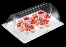 Clear Roll Top Food Serving Tray - Reusable Buffet Display for Desserts & Pastri