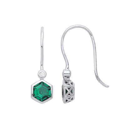 Silver Jewelco London Green Hexagon Honeycomb CZ Bezel Toi et Moi Drop Earrings