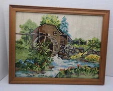 Vintage Sunset Spring Mill Pond Crewel Embroidery Framed Completed  20 X 15