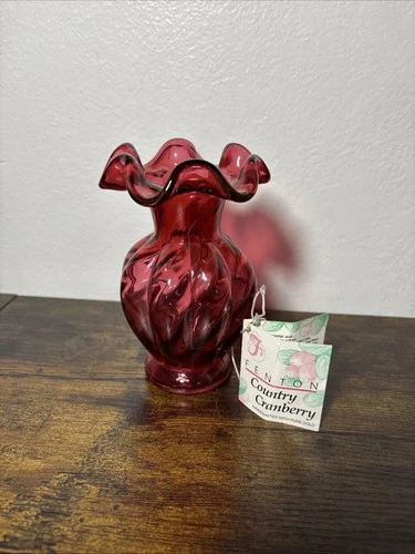 Vintage Fenton "Country Cranberry" Optic Swirl Hand Blown Glass Vase Ruffled Top