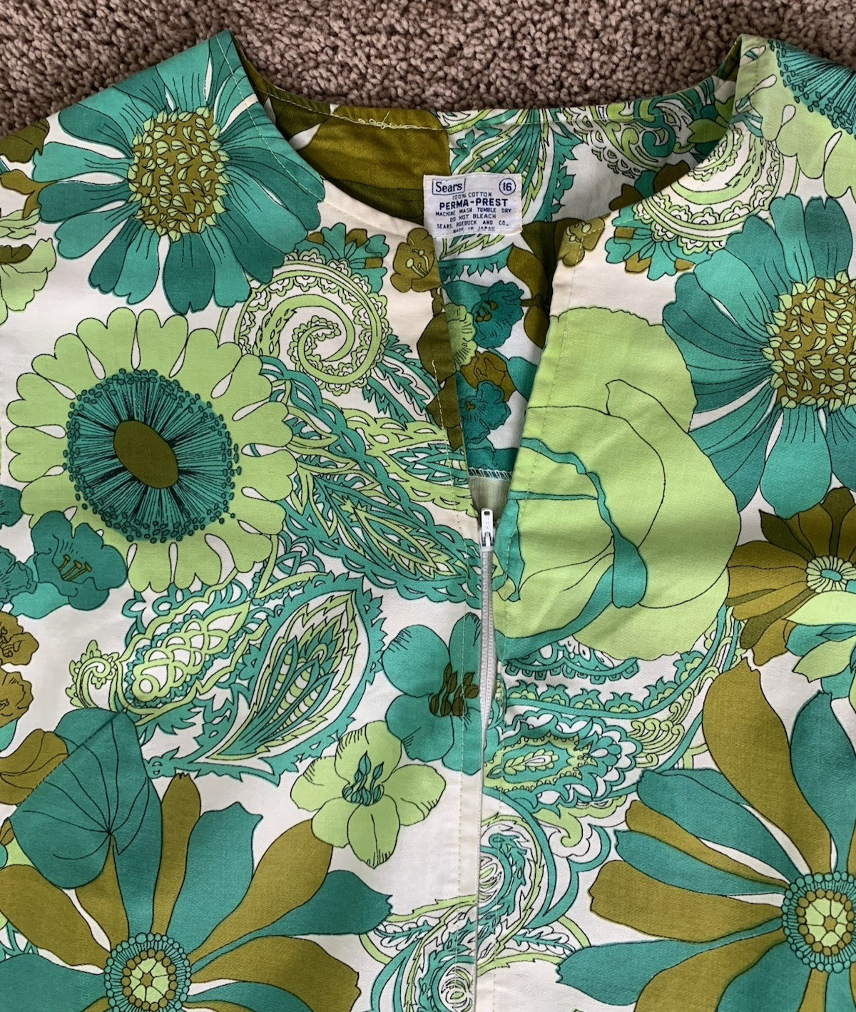 Vtg 60/70s Sears Perma-Prest Green Floral Mod House/Day Front Zip Dress-Size 16