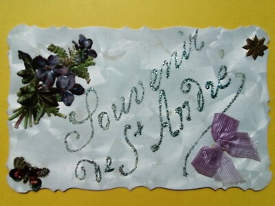 Old postcard pearl fantasy chrome cutouts added ribbon flowers souvenir of St ANDRÉ